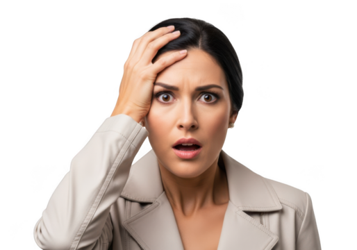 Stressed business woman with hand on head expressing frustration, anxiety, and overwhelmed feelings, isolated on transparent background - Powered by Adobe