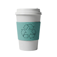 Disposable coffee cup with recycling symbol sleeve for eco-friendly beverage consumption isolated on transparent background