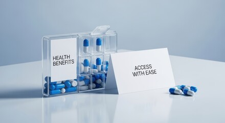 Clear container of medicine pills with health and access concepts