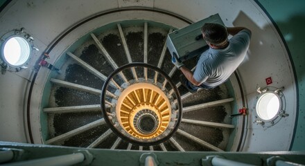 A person descends a circular staircase in a tower, carrying a box, with a warm light illuminating the spiral design, contrasting with the cool, muted tones of the staircase walls