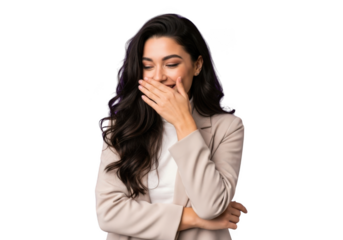 Business woman covering her mouth laughing, emotional reaction, professional attire, corporate, isolated on transparent background