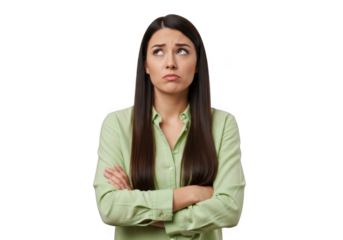 Pensive woman looking upwards with arms crossed, expressing doubt or confusion, isolated on transparent background
