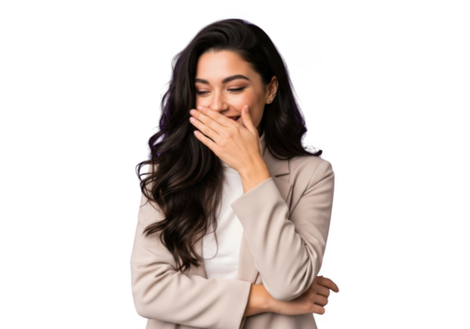 Business woman covering her mouth laughing, emotional reaction, professional attire, corporate, isolated on transparent background