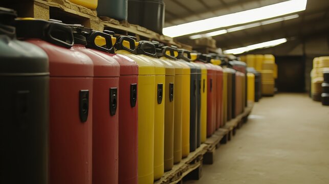 Rows of Colorful Plastic Jerrycans Stored in a Warehouse