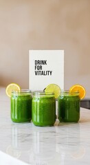 Green Smoothies in Jars with Citrus Garnishes Displayed for Vitality