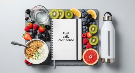 Healthy breakfast of fruit berries yogurt and notebook for daily confidence