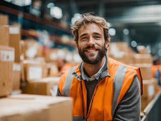 young man in orange safety vest smiles in warehouse filled with boxes, showcasing friendly and approachable demeanor. His role highlights importance of teamwork and safety in logistics