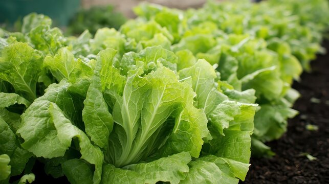Rows of vibrant green romaine lettuce growing in a garden - Powered by Adobe
