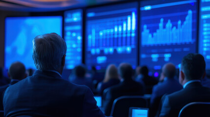 Group of business professionals attending a financial conference watching large screens displaying data and graphs in a dark blue lit room. Concept of finance, teamwork, and corporate analysis.