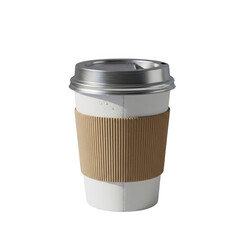 Disposable coffee cup with cardboard sleeve and transparent lid ready for your beverage isolated on transparent background