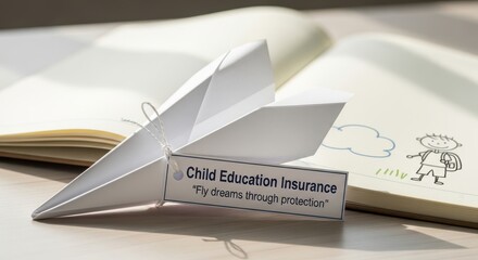 Paper Airplane with Child Education Insurance Tag Over a Book