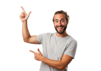 Happy man pointing up and sideways with fingers, cheerful expression, gesturing, presentation, isolated on transparent background