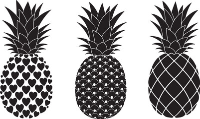 Three pineapple silhouettes with different patterns isolated on white background
