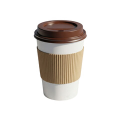 Disposable coffee cup with brown lid and cardboard sleeve ideal for hot beverages isolated on transparent background