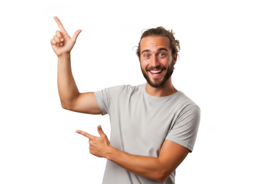Happy man pointing up and sideways with fingers, cheerful expression, gesturing, presentation, isolated on transparent background