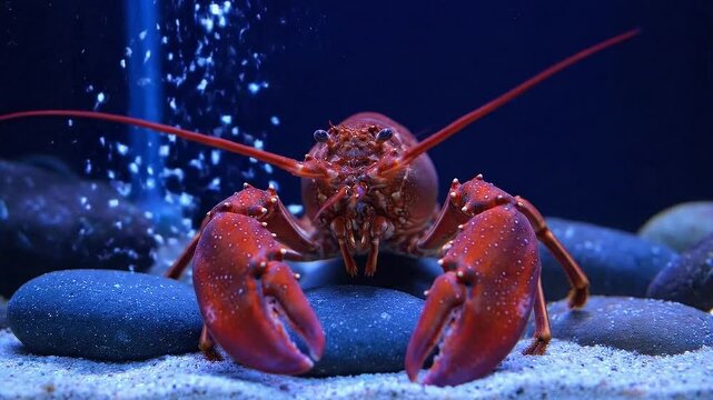 Close-Up of a Red Lobster in Aquarium with Bubbles and Rocks with a Dark Blue Background at Marine Exhibition and Restaurant Promotion and Sea Life Awareness with Marine Theme