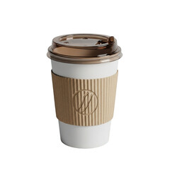 Disposable paper coffee cup with protective sleeve and lid for hot beverages isolated on transparent background