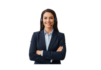 Smiling customer service representative with headset in business suit professional call center agent telemarketing isolated on transparent background