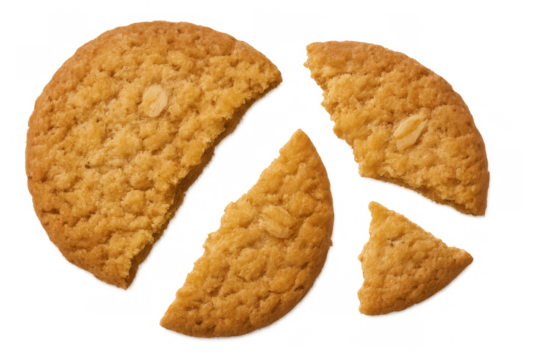 Oatmeal cookie breaking into pieces, showing its textured surface with visible oats, ready for a sweet treat