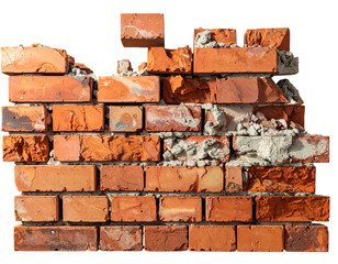Obraz premium Damaged Red Brick Wall With Exposed Mortar and Weathered Texture Isolated on Transparent Background