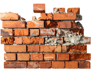 Damaged Red Brick Wall With Exposed Mortar and Weathered Texture Isolated on Transparent Background