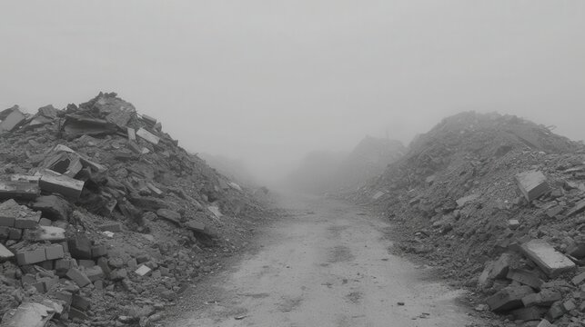 A fog covered road through piles of shattered debris