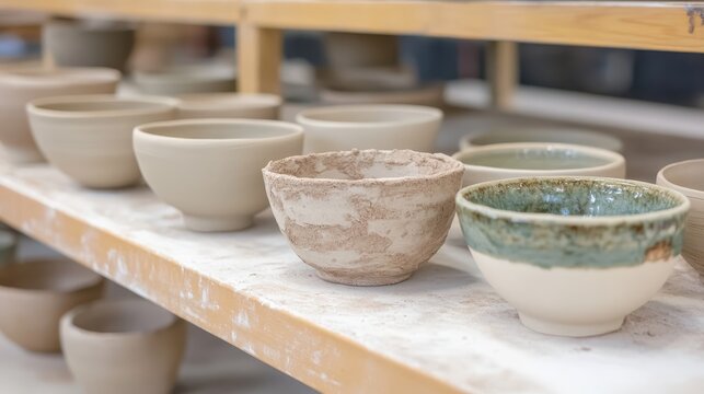 Unfinished Pottery Bowls Displayed on Wooden Shelves