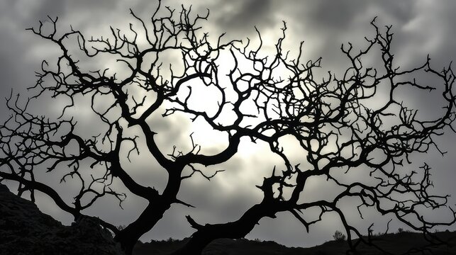 Bare skeletal tree branches against a cloudy gray sky