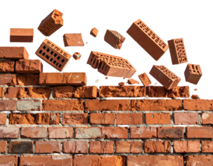 Falling Bricks from a Breaking Wall with a Transparent Background in Urban Setting