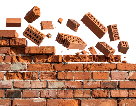 Falling Bricks from a Breaking Wall with a Transparent Background in Urban Setting