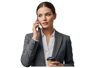 Professional businesswoman in suit talking on phone holding coffee cup stock photo png image isolated on transparent background