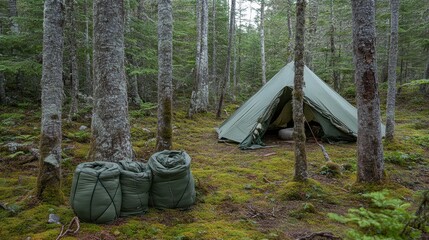 Camping tent pitched amidst the trees and dense forest scenery