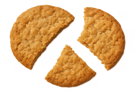 Broken golden oat cookie separating into three pieces and crumbs. Sweet baked biscuit snack, top view, transparent background