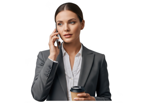 Professional businesswoman in suit talking on phone holding coffee cup stock photo png image isolated on transparent background