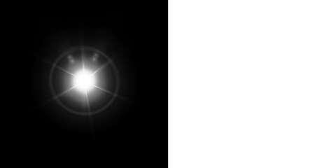 Bright White Optical Lens Flare Effect with Starburst and Concentric Rings on a Contrasting Black and White Background