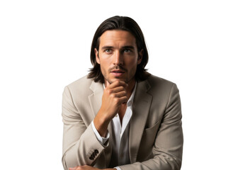 Thoughtful businessman portrait with hand on chin looking upward png image for design projects and composites isolated on transparent background