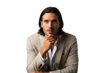 Thoughtful businessman portrait with hand on chin looking upward png image for design projects and composites isolated on transparent background