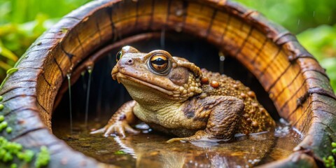 A solitary amphibian rests within a weathered wooden basin, its golden eyes reflecting the ambient light