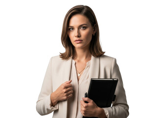 Professional businesswoman holding notebook, elegant female executive, corporate portrait, isolated on transparent background