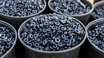 Close up view of metal washers and bolts in black buckets