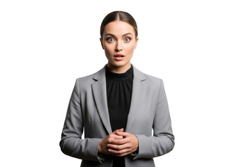 Shocked businesswoman portrait with surprised expression, wearing blazer, professional female isolated on transparent background