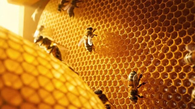 Close-up of Honeycomb Structure with Bees Working Under Bright Sunlight for Apiology Research and Honey Production in Warm Golden Tones Creating a Natural Texture Background
