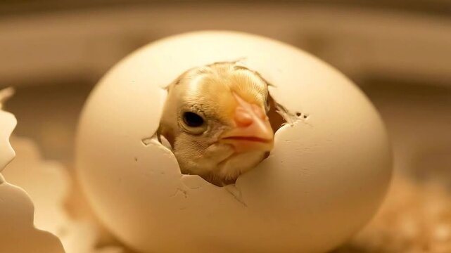 Close Up of Hatching White Egg with Cracks Revealing a Small Newborn Chicken Inside the Shell in a Soft Light Studio Setup Hatching Process and the Miracle of New Life