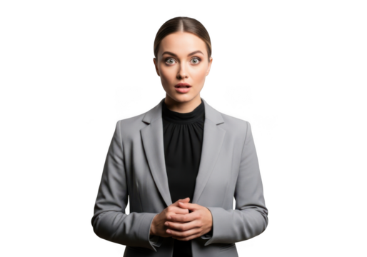 Shocked businesswoman portrait with surprised expression, wearing blazer, professional female isolated on transparent background