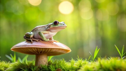 A small green tree frog perched atop a mushroom in a lush green forest environment