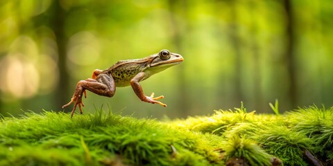 A Vibrant Green Frog Leaping Across a Lush Mossy Surface in a Sunlit Forest