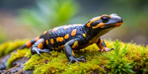 A Vibrant Fire Salamander Perched on Lush Green Moss in a Forest Habitat