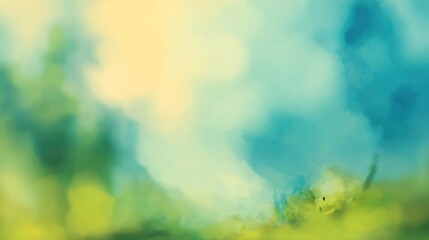 Obraz premium A soft, blurred landscape with shades of blue and green, evoking a serene, dreamy atmosphere.