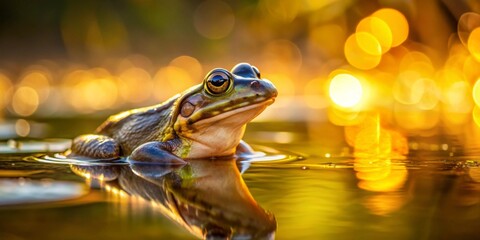 A Serene Amphibian in Golden Hour Reflection on Still Water