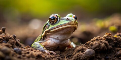 A Close-Up View of a Curious Green Frog Partially Submerged in Dark Earth